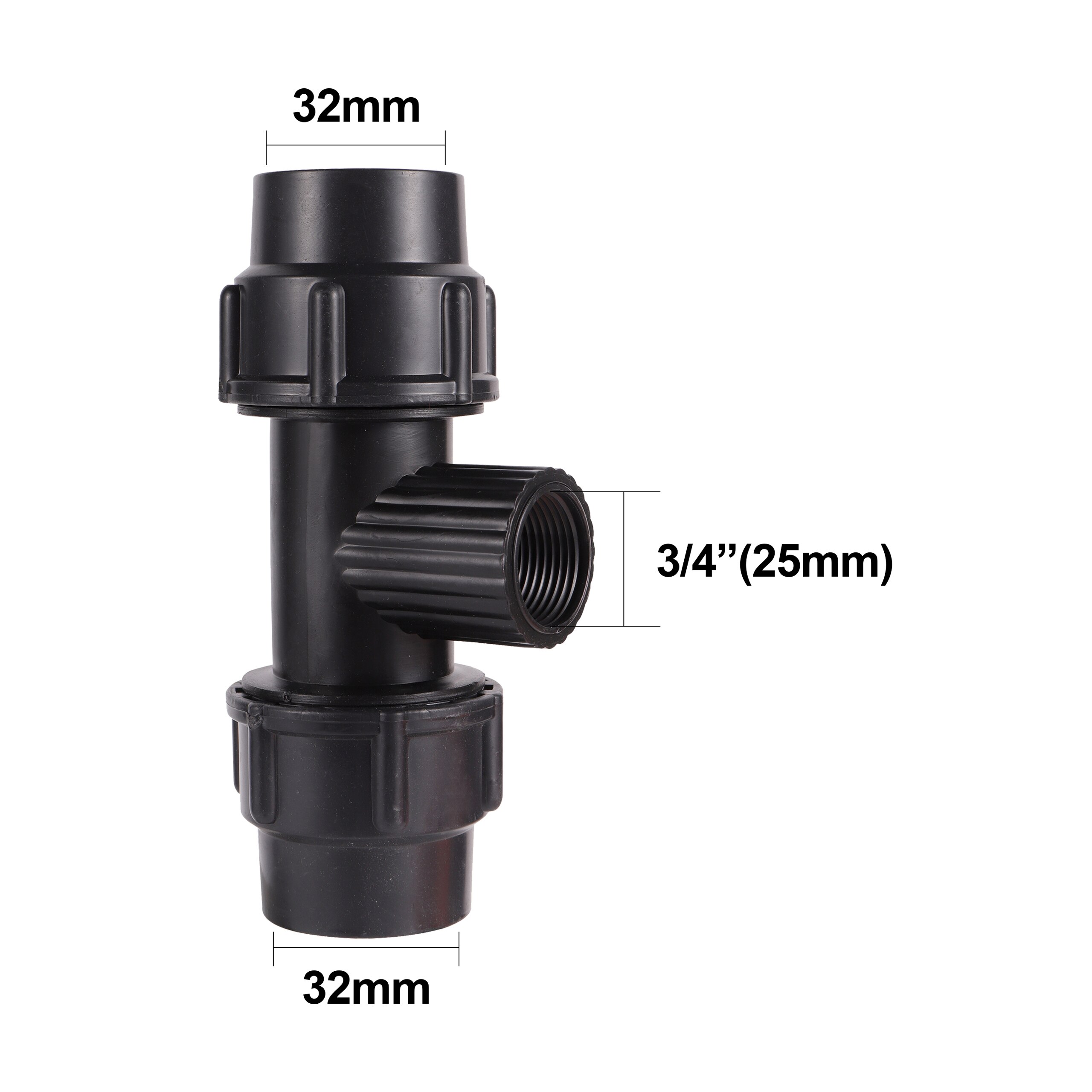 Conector de tubo de riego de PVC y PE, accesorio negro de rosca de 1/2 &quot;3/4&quot; 1 &quot;a 20/25/32mm, Junta bloqueada de conversión de 3 vías: 3I4 to 32mm