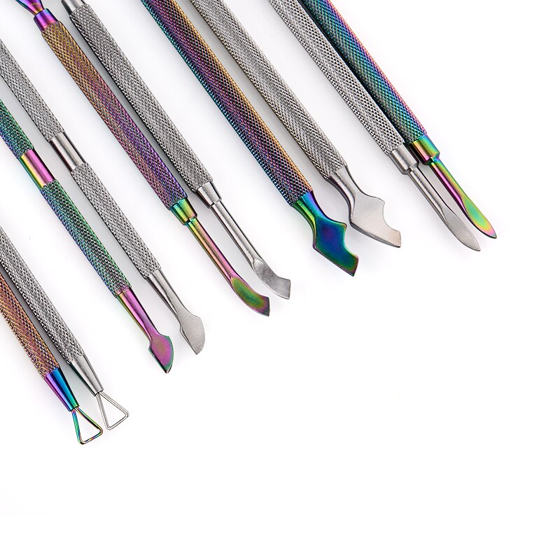 Doble cara camaleón Arco Iris cutícula empujador tijeras pinza Picker acero manicura herramienta de Arte de uñas