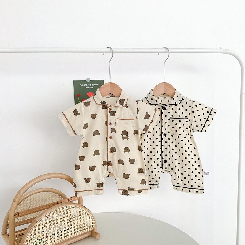 2022 Zomer Koreaanse Stijl Baby Meisje Jongen Romper Beer Dot Korte Mouwen Turn-Down Kraag Jumpsuit Kind Kleding e2375
