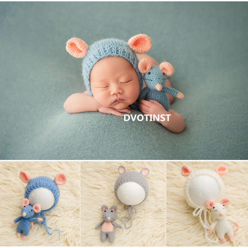 Dvotinst nyfödd baby fotografering rekvisita söt mus set hatt motorhuv docka 2 st set fotografia tillbehör studio fotograferingar foto rekvisita
