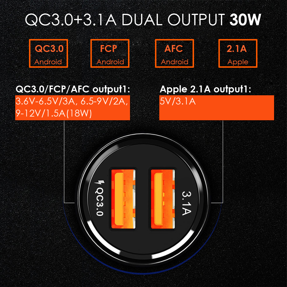 30 ワット QC3.0 車の充電器、急速充電 3.0 携帯電話の充電器 2 ポート iphone/ipad サムスン華為 xiaomi 迅速な車と 3A ケーブル