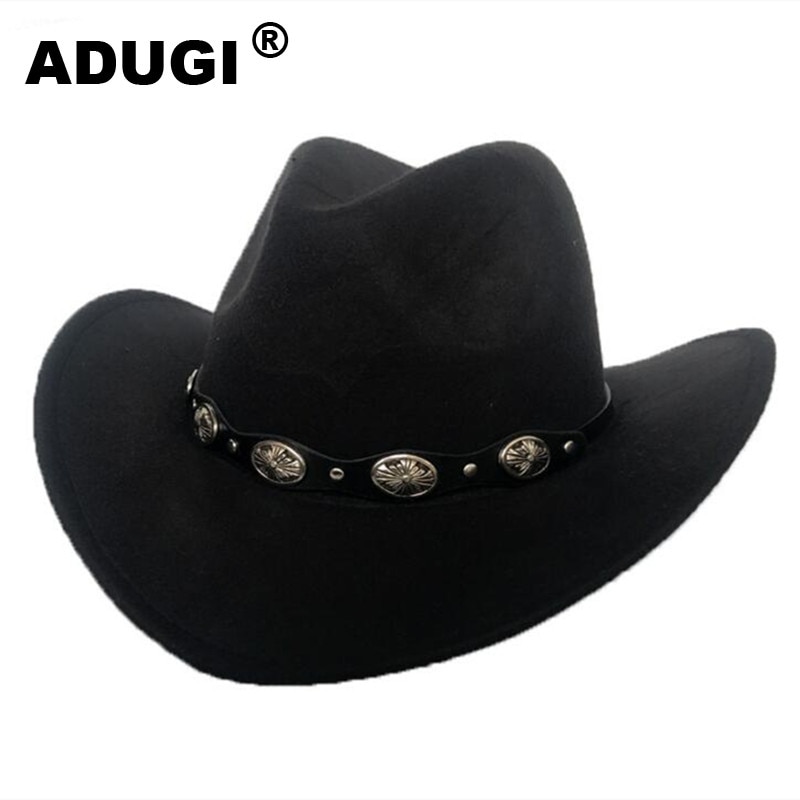 ADUGI punk styl kapelusz kowbojski jesienno-zimowy wełniany filcowy kapelusz mężczyźni i kobiety jazzowy kapelusz brytyjski pas metalowy retro kapelusz: czarny
