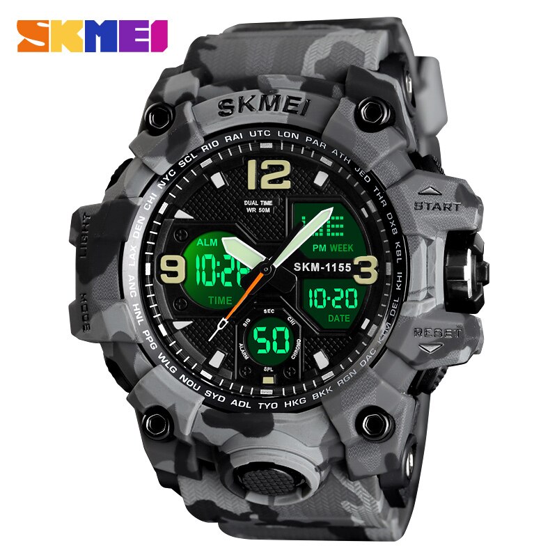 Skmei luminous dual display herre sportsure mandlige quartz armbåndsur stopur automatisk dato alarm elektronisk ur 1155b farve: Grå camouflage