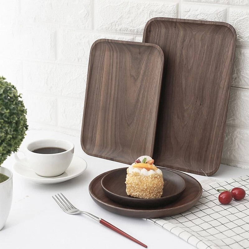 Rectangle Black Walnut Wood Plate candy Fruit Dishes Saucer Dessert Dinner Bread Pizza Food Storage Tray Round Shape Plate
