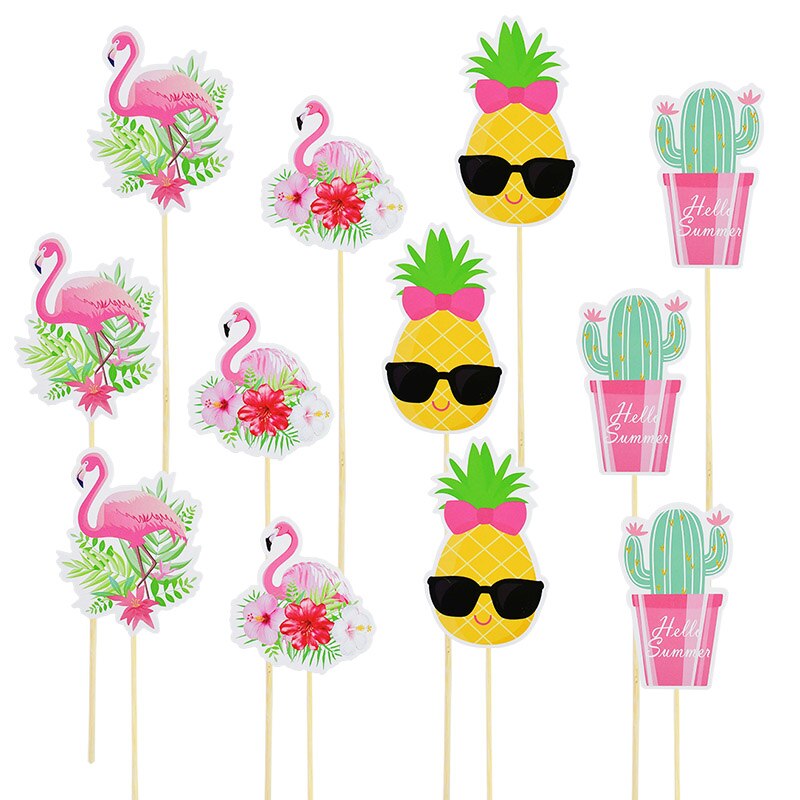 10/12Pcs Tropical Hawaii Party Green Leaf Cake Topper Flower Flamingo Cupcake Topper For Summer Jungle Birthday Party Cake Decor