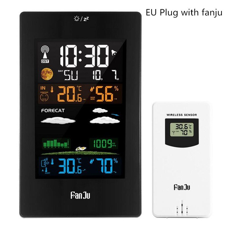 Digital Alarm Clock with Wireless Sensor Thermometer Hygrometer Table Desk Clock Weather Station LCD Calendar Display: EU Plug with fanju