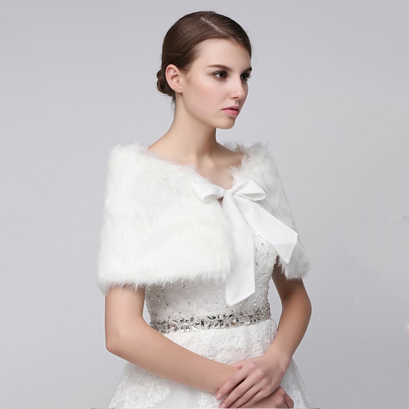 In Stock Wedding Bridal Wraps Black Faux Fur Bolero Winter Bride Wedding Shawls with Bow Wedding Accessories
