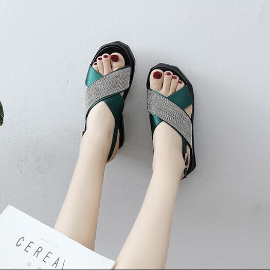 Women Wedge Platform Sandals Flatform Strap Black Summer High Heels Slingback Pumps Glitter Open Toe Korean Shoes Ladies: Green / 35
