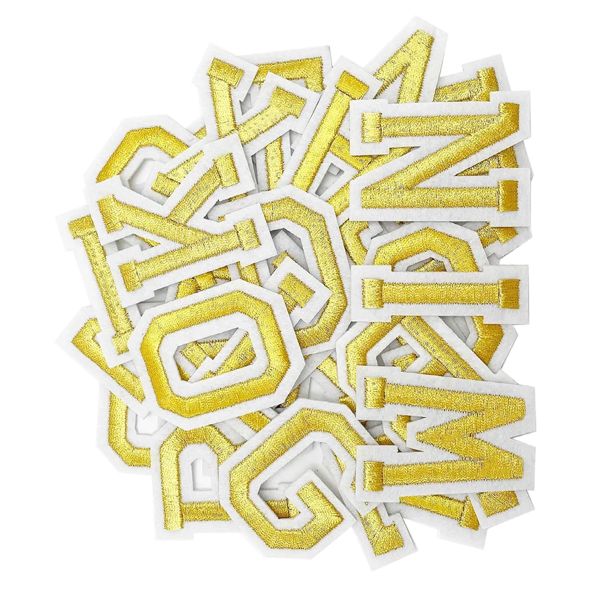 52-delige A-Z opstrijkbare alfabetletterpatches - zelfklevende decoratieve achterkant en reparatiepatches voor kleding: Antiek Messing