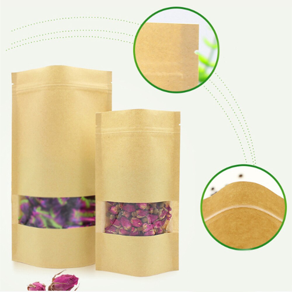 60pcs/set Stand Up Kraft Paper Bag Zip Lock Sealing with Transparent Window Bag Packages