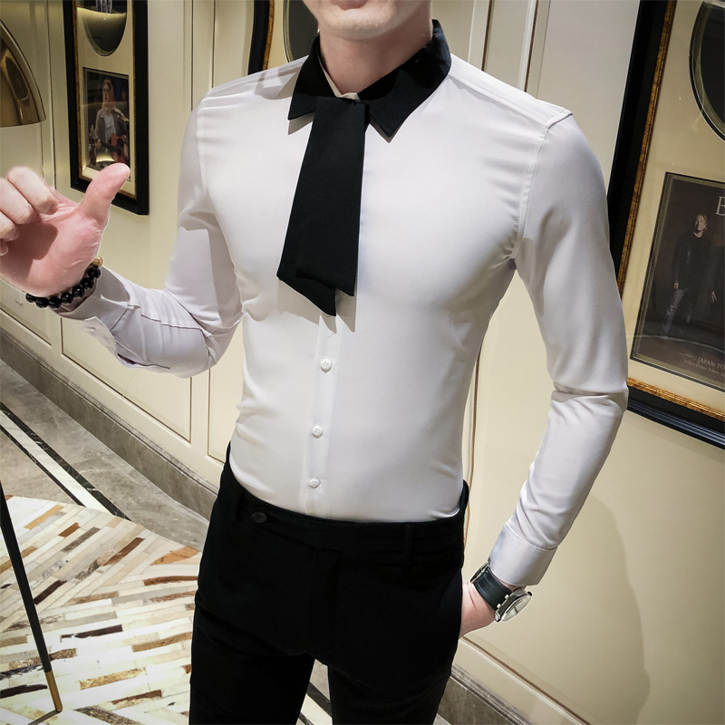 British Style Simple Tuxedo Shirt Men All Match Tie Long Sleeve Men Social Shirts Slim Fit Party Wear Blouse Homme 3XL-M: White / Asian L 52-60KG