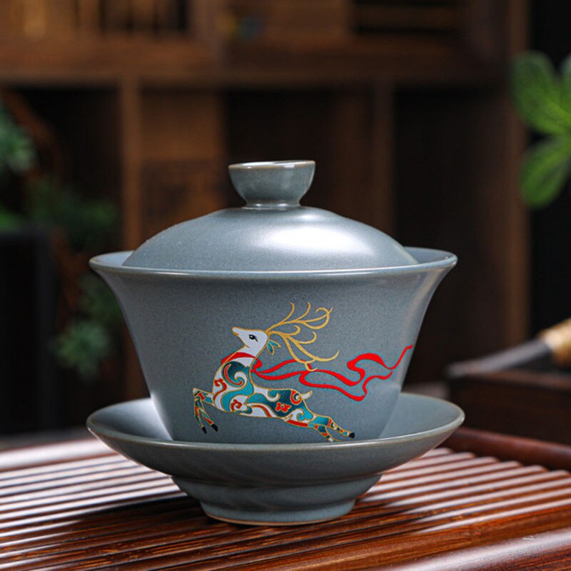 Retro Ceramic Gaiwan Wood-fired Ancient Pottery Tea Bowl Pipa Deer Pattern Tea Cup Kungfu Teaware Kitchen Drinking Tool 190ml: 4