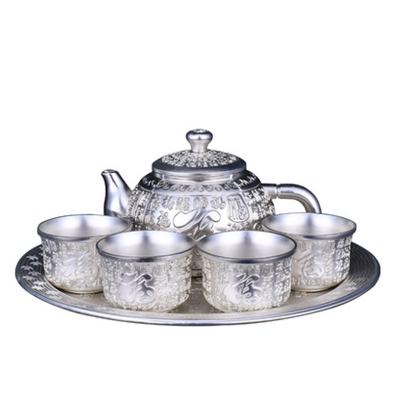 Service à thé en argent et or, haut de gamme, théière faite à la main, service à thé Kung Fu chinois, de cérémonie, une théière et quatre tasses: Default Title