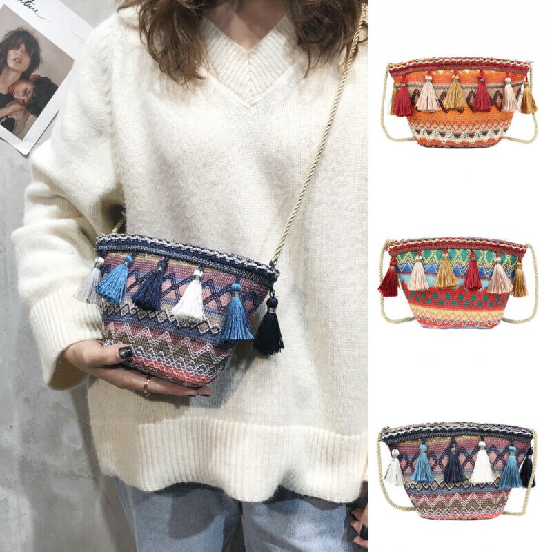 Dam axelväskor mini crossbody väskor bohemiska vävda etniska mönster väska tofs handväska /nr