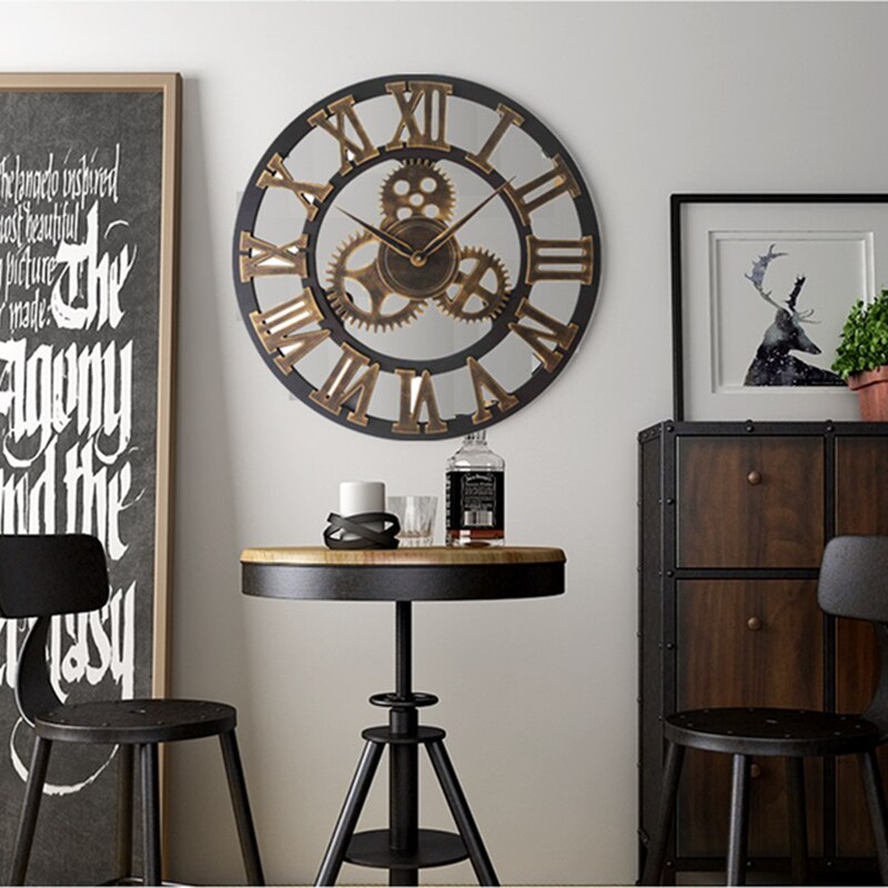 Getriebe retro Wanduhr Große 3D Römische Ziffer Geräuschlos nordisch Riesen Holz Jahrgang Uhren Horloge Wohnzimmer Bar Wohnkultur kunst