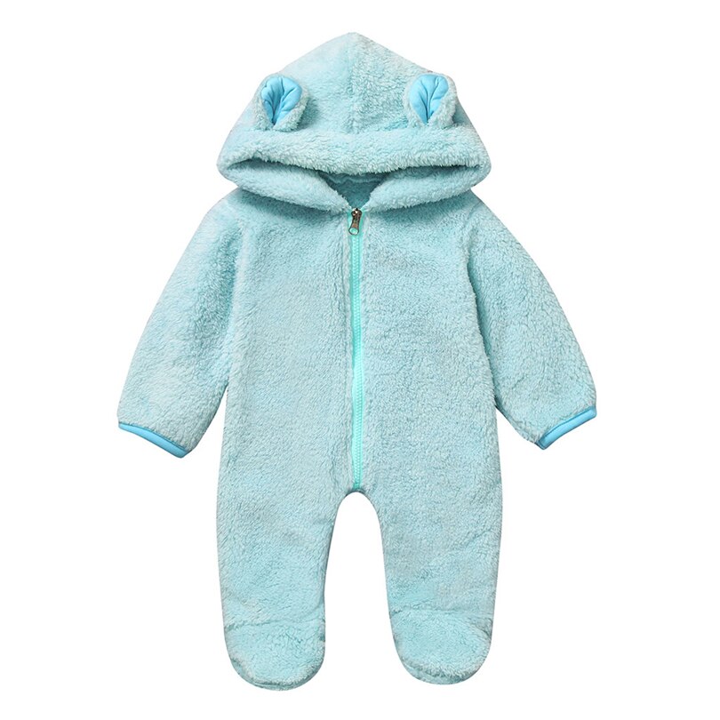Pasgeborenen Hooded Oren Footies Baby Jongen Meisje Solid Winter Fleece Warm Lange Mouwen Jumpsuit Rits Uitloper Baby Kleding 0-18M A20
