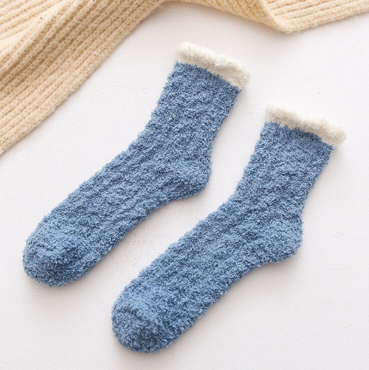 Coral Fleece Women Socks Bow rabbit Bear Candy Winter Thickening Cute Mid-tube Sock Ladies Home Bed Floor Slipper Sox: lan