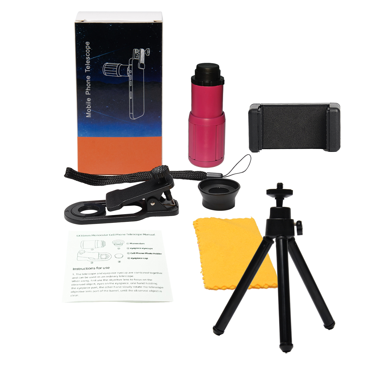 HD 6X Telefonobjektiv Kamera Telezoom Monokular Teleskop Teleskopfokus Kompaktes Min-Objektiv + SelfieTripod für alle Smartphones: Lila