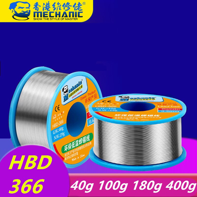 HBD-366-Alambre de soldadura de baja temperatura, punto de fusión de 0,3 grados, sn42 % Bi58 %, sin plomo, 0,4/0,5/0,6/0,8mm/210mm, 40g
