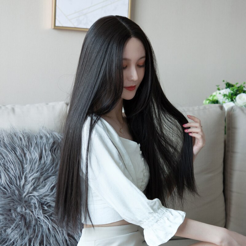 LANLAN-Peluca de cabello largo liso para mujer, estilo coreano, con flequillo centrado en el temperamento, Lolita, invisible, sin costuras, realista, de longitud media