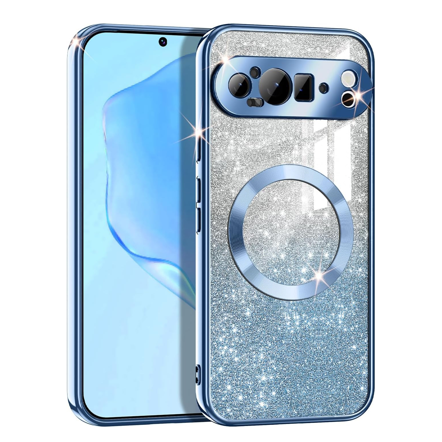 Glitter Transparent for Magsafe Phone Case for Google Pixel 9 9Pro 9 Pro XL 8 8 Pro 8A 9 9ProXL Slim Plating Shiny Soft Cover: Nylon / Blue