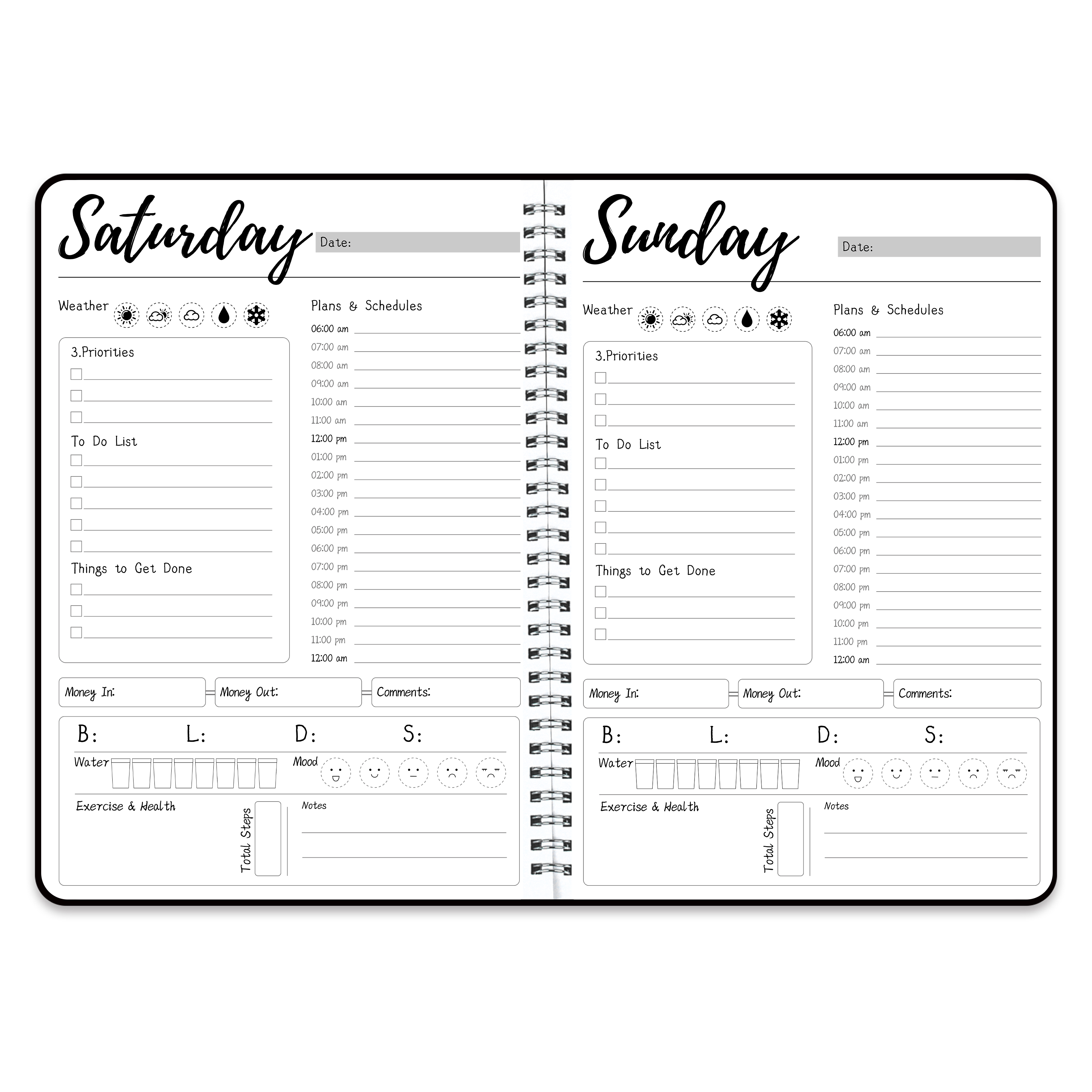 Daily Weekly Work Planner Hourly Schedule Appointment Agenda Undated Notebook Journal To Do List Flexible PVC Cover Diary Book: 24