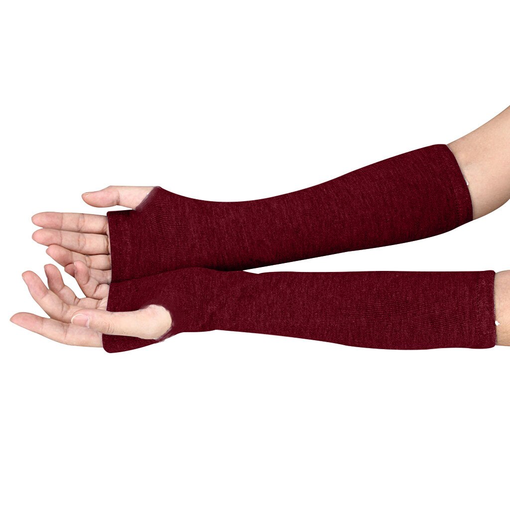 Sagace gants unisexe poignet bras tricoté à la main longs gants sans doigts couleur unie Crochet mitaines: Wine