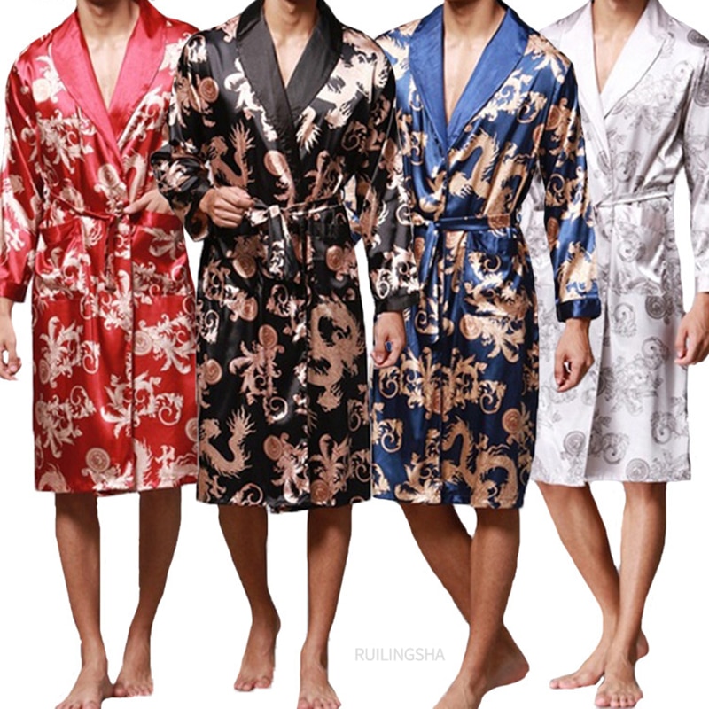 Stilfuld #39 badekåbe silke kimono lange ærmer morgenkåbe kinesisk lucky dragon print pyjamas mænd kjole badekåbe mænd hjemmetøj maskulin