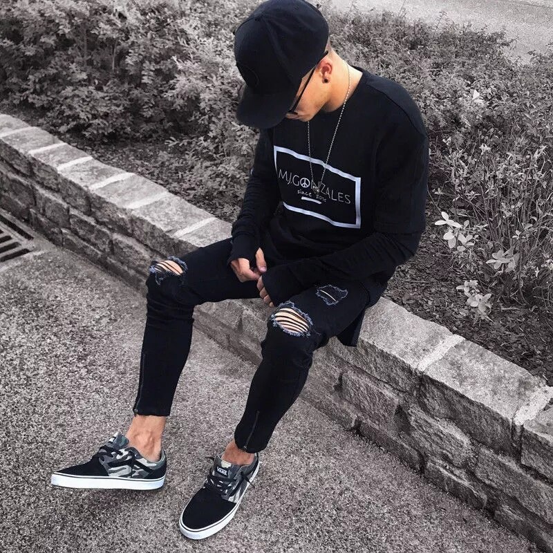Heren Jeans Cool Brand Black Ripped Ripped Stretch Jeans Slim Fit Hop Broek Met Gaten Voor Mannen