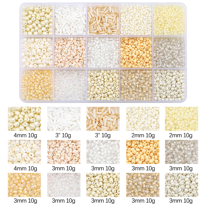 Juego de cuentas de vidrio de 15 colores para hacer pulseras, cuentas espaciadoras sueltas con caja de almacenamiento, Kit de tubos para manualidades, dijes de collares: Beige