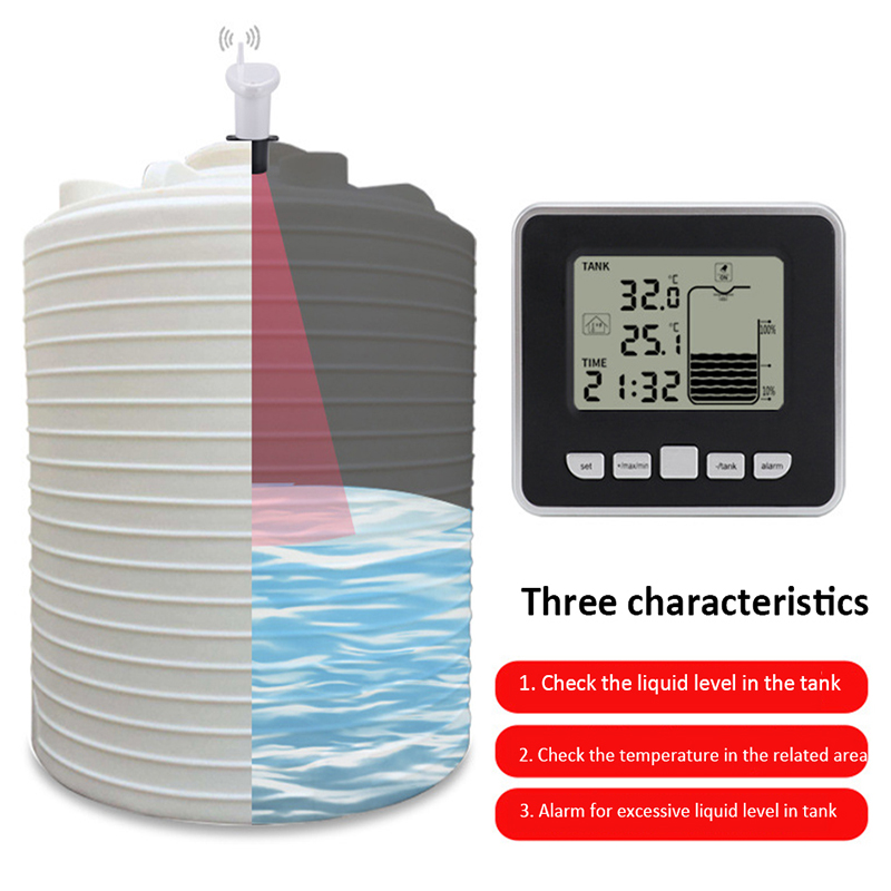 Wireless Ultrasonic Water Level Indicator Gauge Water Tank Sensor Liquid Level Sensor Depth Gauge Temperature Time Display