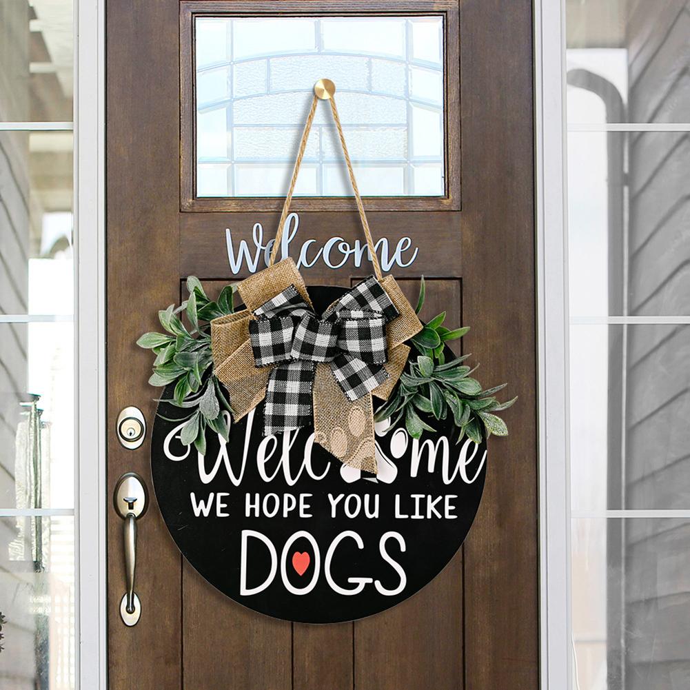 Wooden Doorplate Welcome Sign Home Decoration Leaf Wreath Door Pendant Trim
