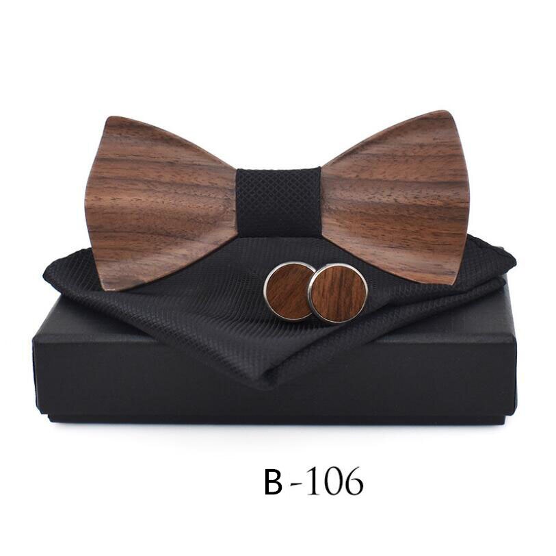 RBOCOTT pajarita de madera hecha a mano juego de gemelos y pañuelo pajarita 3D para hombres bolsillo de madera cuadrado con caja de para la boda de los hombres: B106