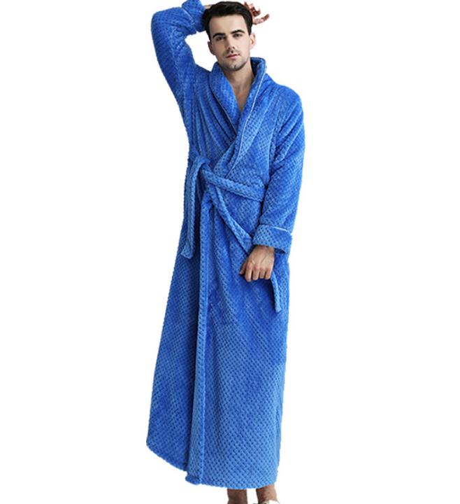 Morgonrock hane varm morgonrock vinter lila morgonrock extra lång flanell badrock hane helärmad kimono bad pyjamas homme: Blå / Xl
