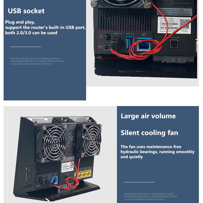 Double ventilateur de refroidissement ultra silencieux, 5V, prise usb, volume d'air élevé, adapté au radiateur de routeur sans fil RT-AC68U AC86U EX6200