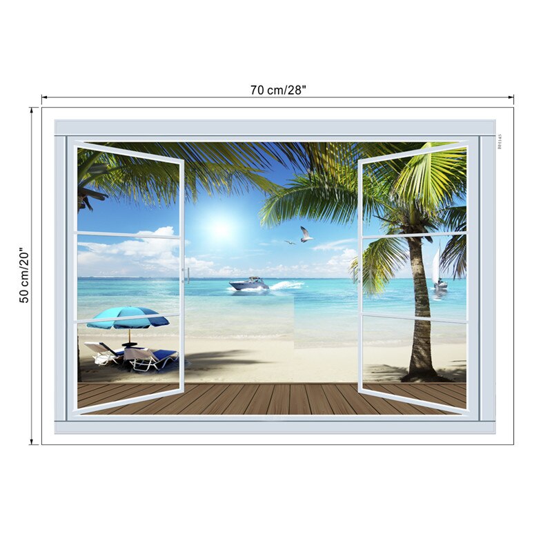 3d vivid window Beach Palm tree wall decals living room bedroom home decor art cartoon wall stickers posters