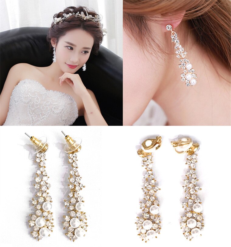 Bruid Bruiloft Sieraden Luxe Full Strass Kristal Clip Op Oorbellen Lange Gesimuleerde Pearl Earring Zonder Doorboord Oor Clip