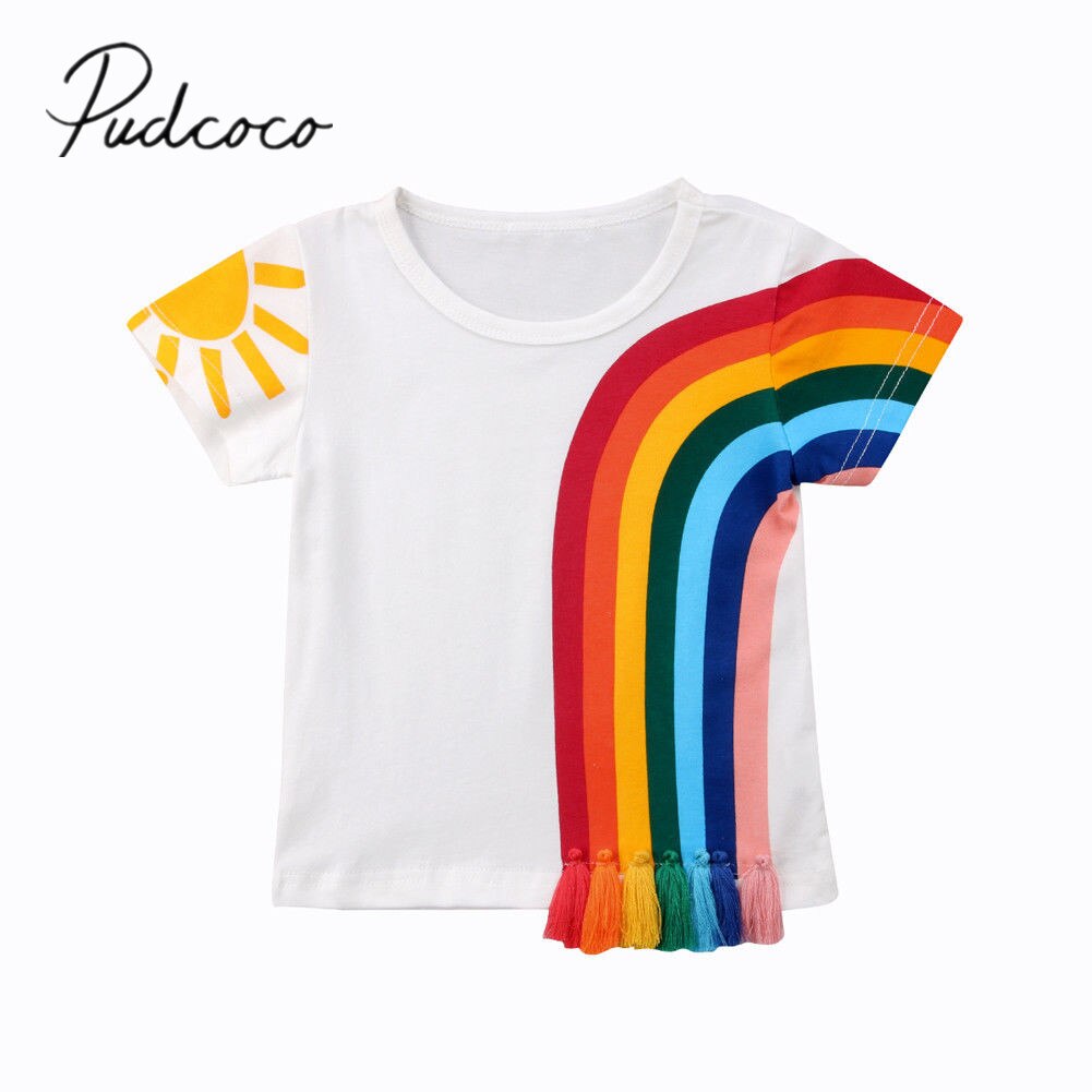 2019 crianças roupas de verão infantil crianças do bebê meninas casual arco-íris t camisa tassel retalhos algodão camisetas coloridas 1-6t