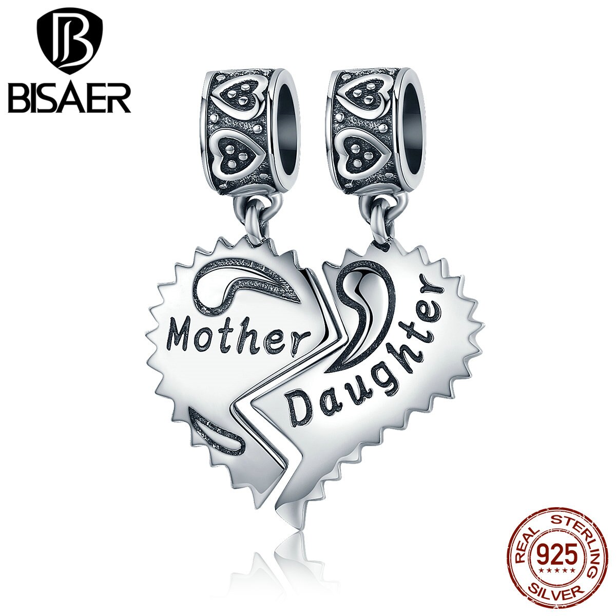 100% 925 Sterling Silver Unique Heart Pendant, Mother & Daughter Charms Fit BISAER Authentic Original Jewelry ECC427