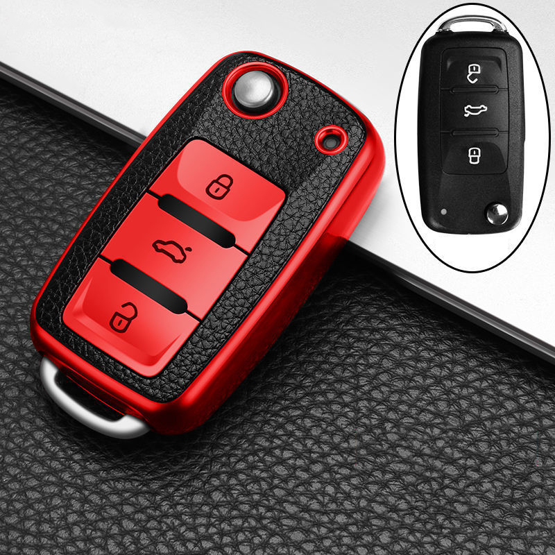 Tpu Lederen Auto Sleutel Cover Case Voor Volkswagen Vw Bora Polo Tiguan Jetta Passat B5 B6 B7 Golf Beetle voor Skoda Octavia: Rood