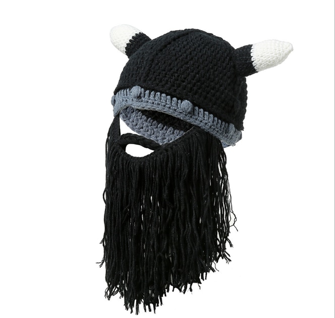 Men&#39;s Barbarian Vagabond Viking Beard Beanie Horn Hats Handmade Winter Warm Birthday Cool Funny Gag Halloween CaP