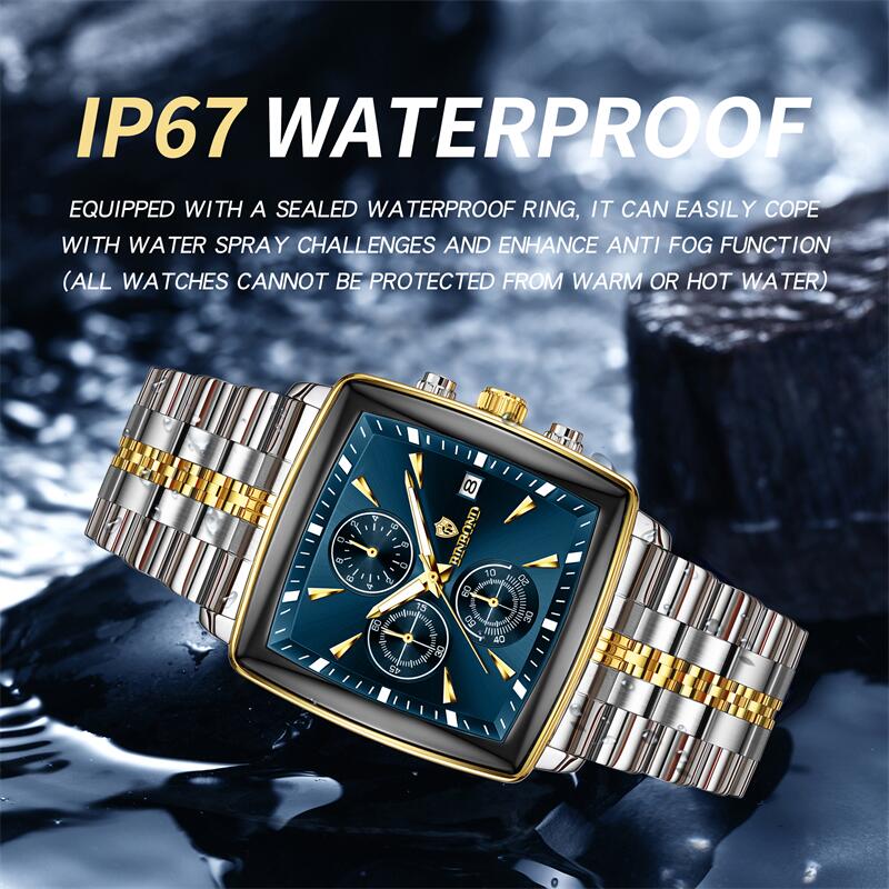 Miesten kello, valoisa, vedenpitävä, kronografi, päivämääränvalvojan rannekello, neliönmuotoinen, ruostumattomasta teräksestä valmistettu kvartsi miesten kellot, reloj