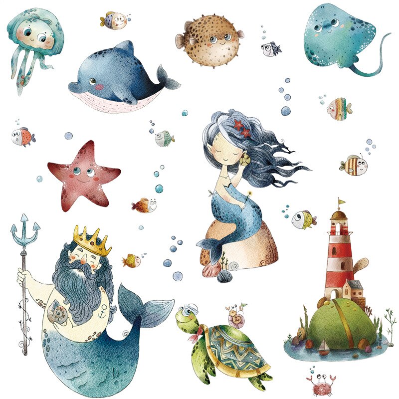 Large Wall Stickers Mermaid for Bathroom Kids Room Marine Animal Murals Vinyl Decals Kindergarten Wall Decoration Wallpapers
