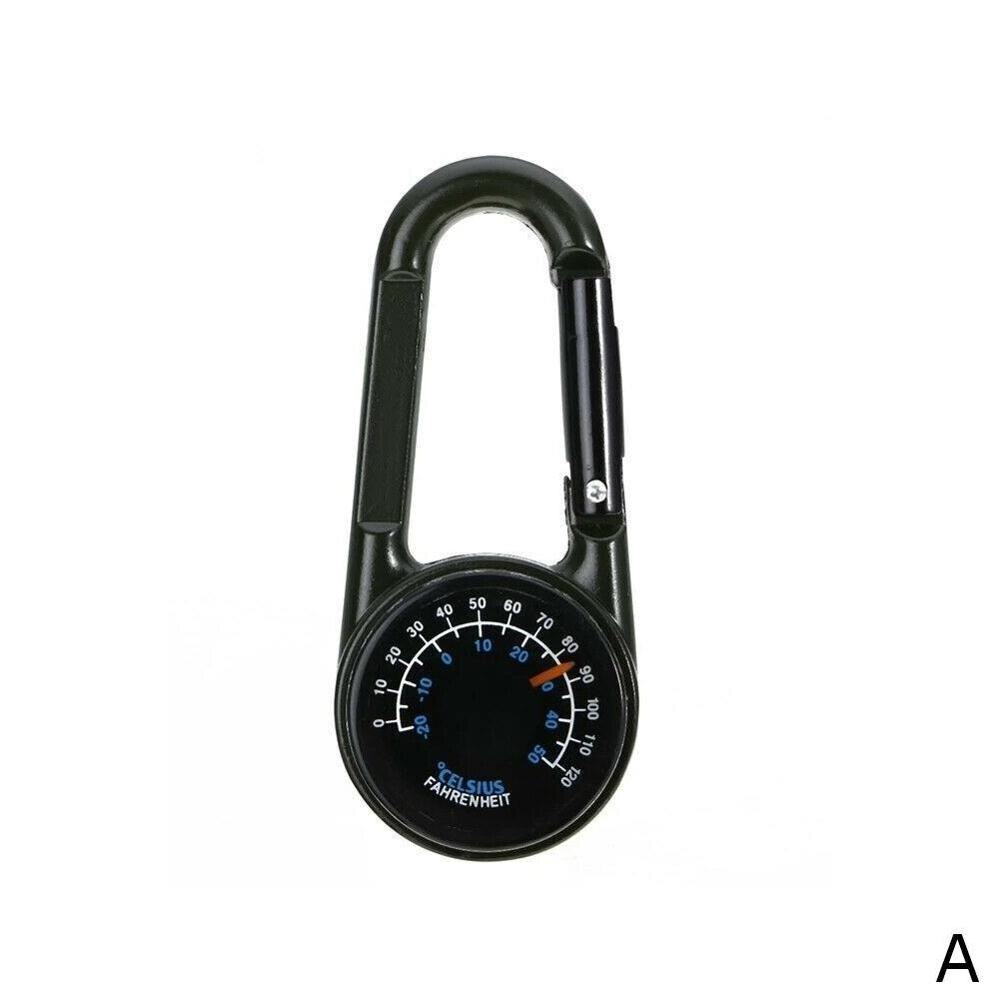 Metalen sleutelhanger voor buiten, minikompas, dubbelzijdige bergbeklimmingssleutel, karabijnhaak, thermometerkompas: A