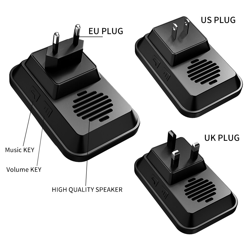 CACAZI – sonnette sans fil étanche à 300M, télécommande à 60 anneaux, batterie CR2032, 1 émetteur 5 récepteurs, prise US EU UK, carillon 0-110DB