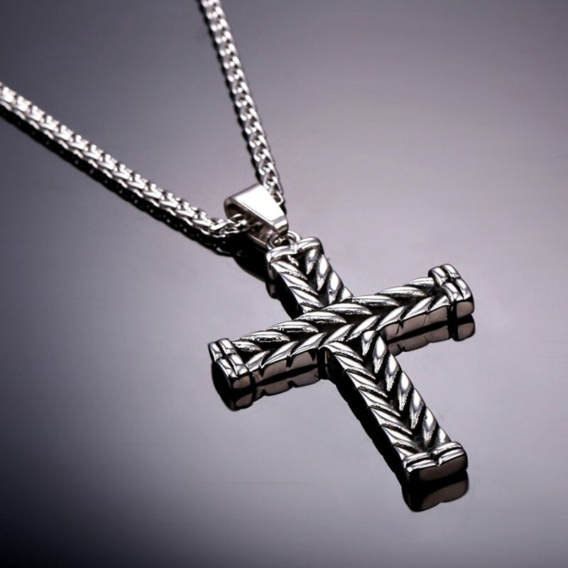 Mode Kruis Ketting Mannen Vintage Dubbelzijdig Gestreepte Cross Hanger Met Ketting Hiphop Rock Ketting Sieraden