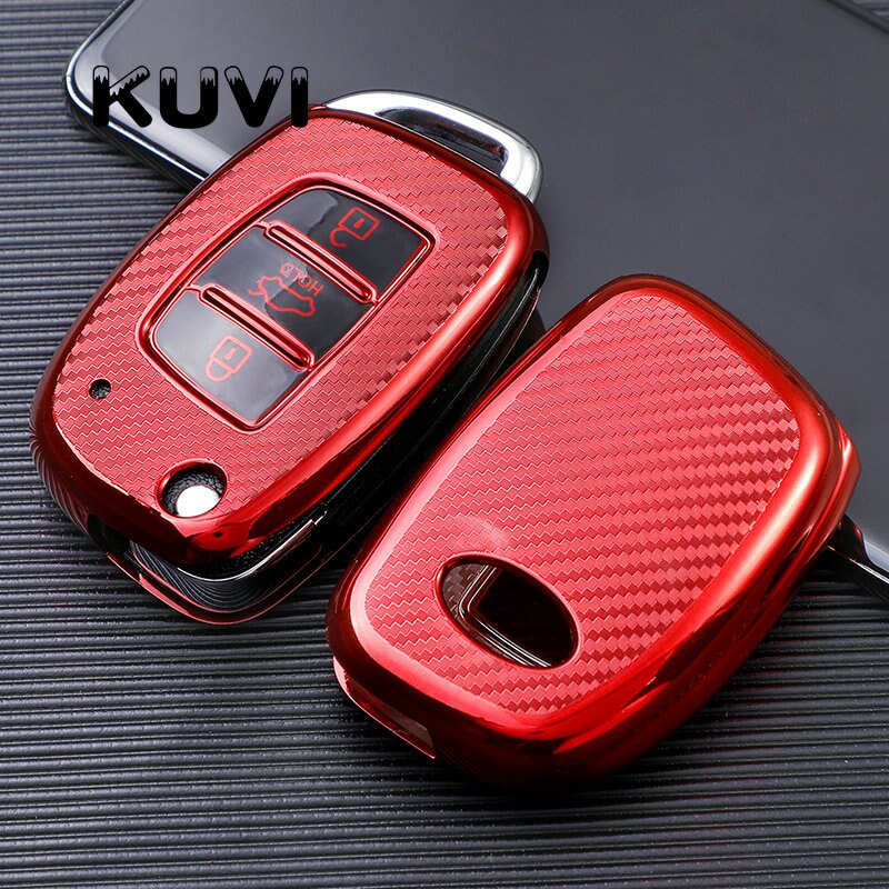 Carbon Fiber TPU Car Key Cover Case Shell for Hyundai Tucson Creta Ix25 I10 I20 I30 Verna Mistra Elantra Santa Fe: red