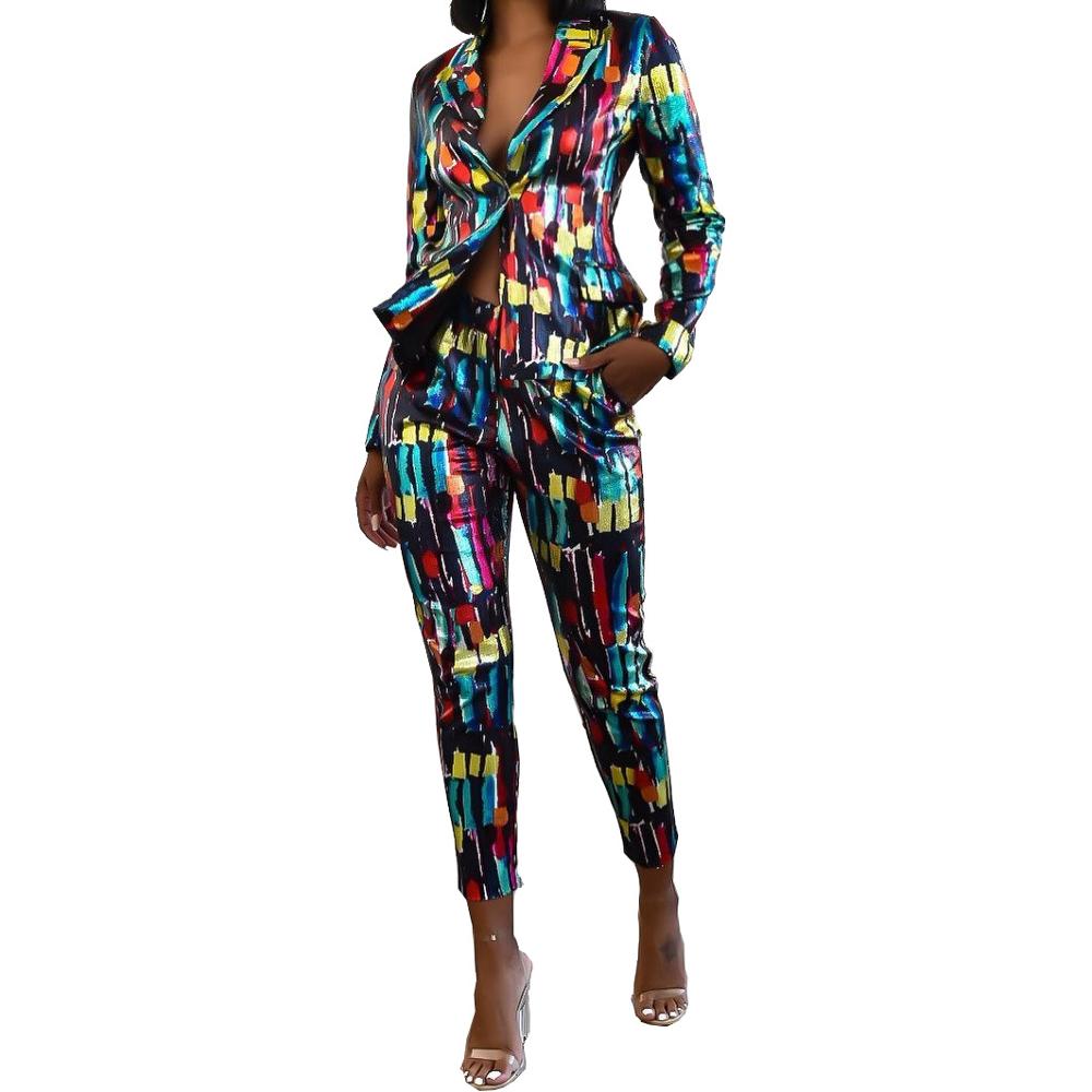 Print Suit Women 2 Piece Set Colorful Print Suits for Women Single Button Women Suits Office Sets