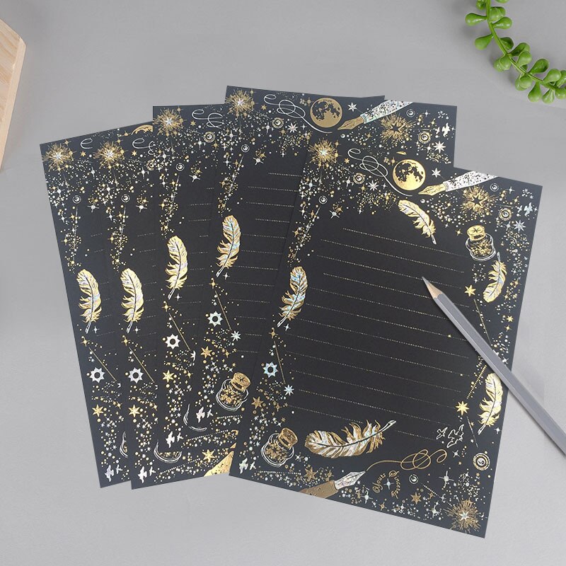 8PCS Gold Stamping Feather Writing Letter Paper High End Romantic Gilding Letter Pad Envelopes Sets Office Stationery: 8pc Black letter pad