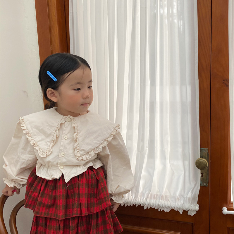 Spring Korean girls' big lapel long sleeve shirt girls' short waist top kids girl